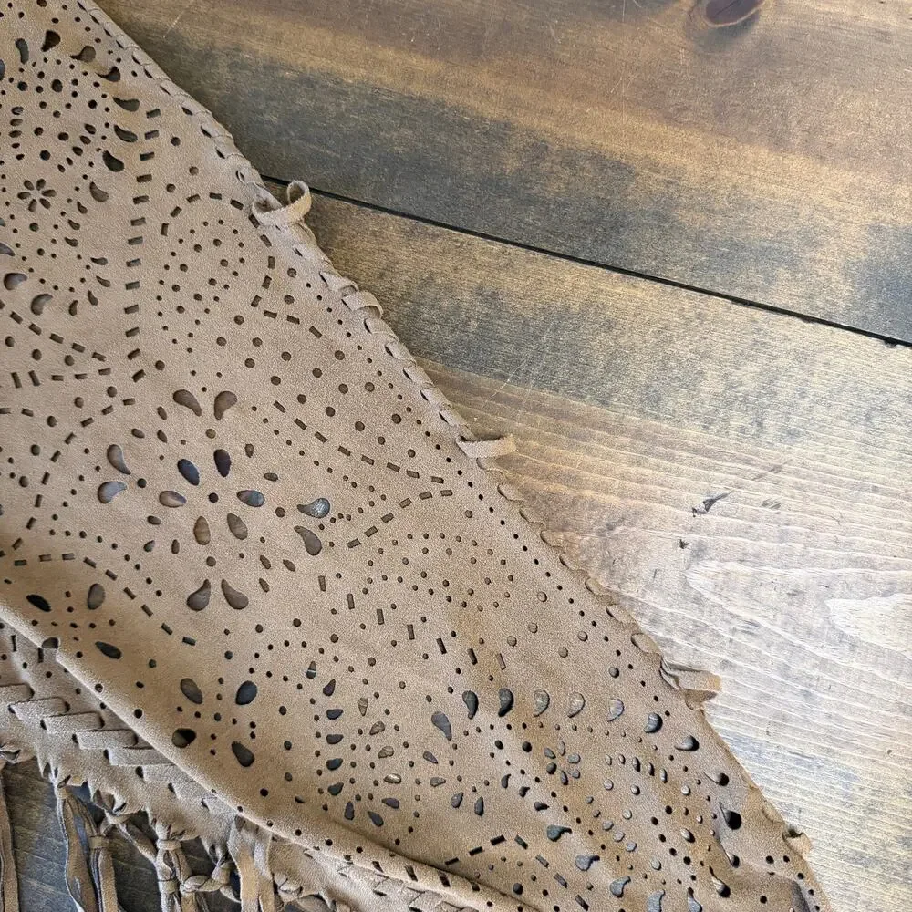 AMERICAN EAGLE Brown Faux Suede Lazercut Fringe Wrap Shawl Western